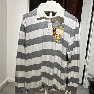 American Rag Hooded Gray and White Long Sleeve Striped Polo Shirt